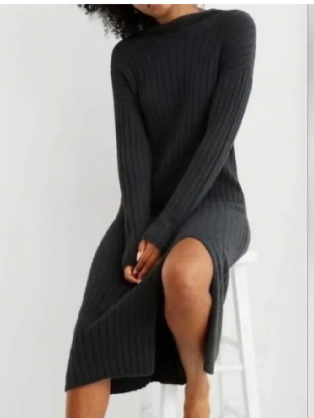 NEW Aerie Ribbed Fuzzy Knit Sweater Dress Size L Grey Fitted Soft Long Sleeve